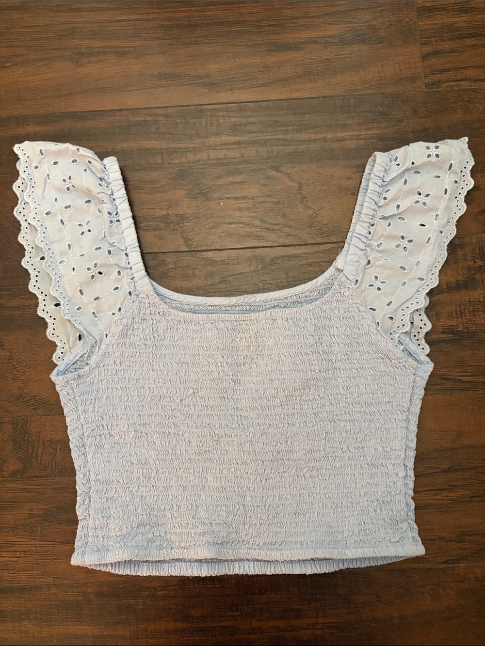 Universal Thread Light Blue Smocked Crop Top with Eyelet Ruffle Sleeves